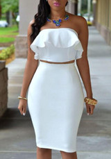 White Ruffle Backless Bandeau Cut Out Off Shoulder Slit Bodycon Homecoming Midi Dress White Ruffle Backless Bandeau Cut Out Off Shoulder Slit Bodycon Homecoming Midi Dress