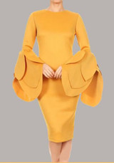 Yellow Ruffle Petal Sleeve Round Neck Elegant Bodycon Prom Evening Party Midi Dress