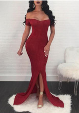 Red Sequin Mermaid Front Slit Bandeau Bodycon Gowns Elegant Party Maxi Dress