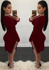 Burgundy Plain Hollow-out Lace-up Side Slit Deep V-neck Bodycon Midi Dress