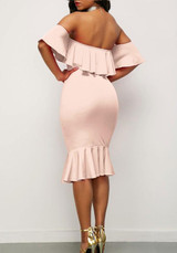 Pink Ruffle Backless Off Shoulder Mermaid Bodycon Homecoming Party Midi Dress