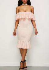 Pink Ruffle Backless Off Shoulder Mermaid Bodycon Homecoming Party Midi Dress