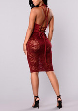 Burgundy Patchwork Sheer Lace Tie Back Backless Bodycon Deep V-neck Party Midi Dress Burgundy Patchwork Sheer Lace Tie Back Backless Bodycon Deep V-neck Party Midi Dress