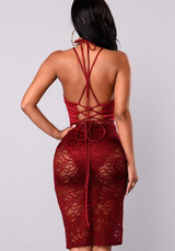 Burgundy Patchwork Sheer Lace Tie Back Backless Bodycon Deep V-neck Party Midi Dress Burgundy Patchwork Sheer Lace Tie Back Backless Bodycon Deep V-neck Party Midi Dress