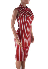 Burgundy Striped Cut Out Slit Band Collar Bodycon Midi Dress