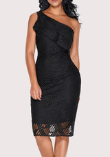 Black Ruffle Lace Asymmetric Shoulder Bodycon Backless Party Midi Dress