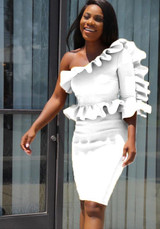 White Ruffle Asymmetric Shoulder Peplum High Waisted Bodycon Falbala Church Elegant Midi Dress