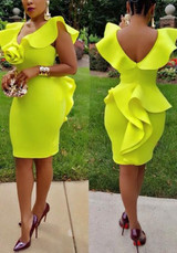 Yellow Cascading Ruffle Backless Peplum Deep V-neck Bodycon Cocktail Party Midi Dress