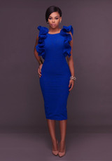 Royal Blue Ruffle Slit Backless Bodycon Round Neck Elegant Party Pencil Midi Dress