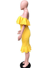 Yellow Bandeau Ruffle Backless Off Shoulder Mermaid Bodycon Evening Party Midi Dress