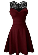 Burgundy Patchwork Lace Pleated Bodycon Round Neck Party Midi Dress
