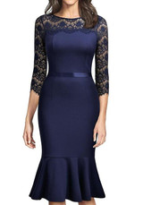 Navy Blue Lace Pleated Cut Out Bodycon 3/4 Sleeve Elegant Party Midi Dress