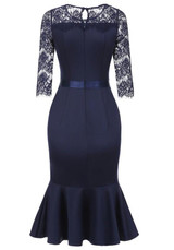 Navy Blue Lace Pleated Cut Out Bodycon 3/4 Sleeve Elegant Party Midi Dress