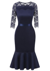 Navy Blue Lace Pleated Cut Out Bodycon 3/4 Sleeve Elegant Party Midi Dress