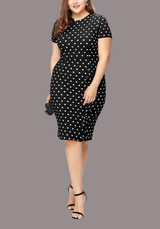 Black-White Polka Dot Ruffle Bodycon Plus Size Round Neck Elegant Party Midi Dress