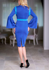 Navy Blue Zipper Back Slit Bodycon Flare Sleeve Bodycon Elegant Party Midi Dress