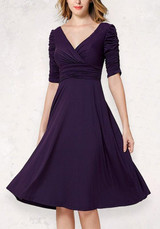 Purple Pleated Bodycon Deep V-neck Elegant Party Midi Dress