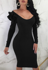 Black Ruffle Zipper Off Shoulder Backless Bodycon Elegant Party Midi Dress Black Ruffle Zipper Off Shoulder Backless Bodycon Elegant Party Midi Dress