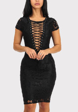 Black Patchwork Lace Lace-up Bandage Deep V-neck Bodycon Party Midi Dress