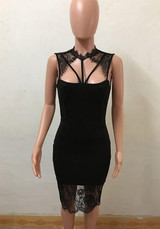 Black Patchwork Lace Cut Out Zipper Backless Bodycon Elegant Banquet Party Midi Dress