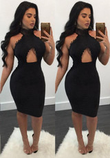 Black Patchwork Lace Cut Out Bodycon Backless Clubwear Party Midi Dress