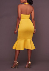Yellow Buttons Ruffle Halter Neck Backless Bodycon Elegant Party Midi Dress