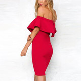 Red Ruffle Zipper Backless Slit Off Shoulder Bodycon Homecoming Party Midi Dress