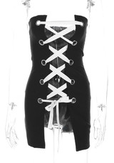 Black-White Patchwork Lace-up Cut Out Bandeau Off Shoulder Bodycon Club Mini Dress