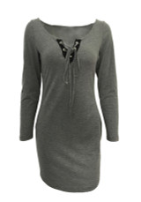 Grey Drawstring Bandeau Off Shoulder Lace-Up Backless Bodycon Party Mini Dress