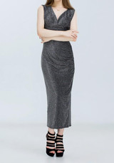Black Silver Sequin Draped Side Slit V-neck Elegant Bodycon Bridesmaid Sleeveless Maxi Dress