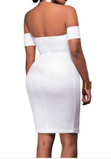 Casual White Zipper Bandeau Slit Off Shoulder Backless Bodycon Club Mini Dress