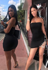 Black-White Patchwork Hollow-out Bandeau Zipper Off Shoulder Bodycon Club Mini Dress