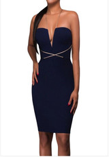 Casual Blue Plain Bandeau Cross Back Off-shoulder Backless Bodycon Pencil Mini Dress Casual Blue Plain Bandeau Cross Back Off-shoulder Backless Bodycon Pencil Mini Dress