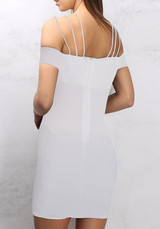 White Flowers Print Zipper Backless Spaghetti Strap Off Shoulder Bodycon Mini Dress
