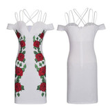 White Flowers Print Zipper Backless Spaghetti Strap Off Shoulder Bodycon Mini Dress