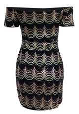 Casual Black Geometric Sequin Bandeau Boat Neck Off-Shoulder Bodycon Clubwear Mini Dress