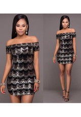 Casual Black Geometric Sequin Bandeau Boat Neck Off-Shoulder Bodycon Clubwear Mini Dress