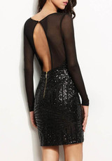 Black Patchwork Grenadine Sparkly Sequin See-through Backless Club Bodycon Mini Dress