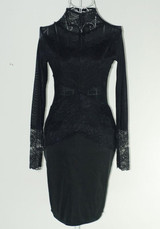 Casual Black Patchwork Grenadine Lace Round Neck Bodycon See-Through Mini Dress