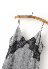 Casual Grey-Black Patchwork Lace Spaghetti Strap Pleuche Bodycon V-neck Club Mini Dress