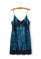 Peacock Blue Patchwork Lace Spaghetti Strap Pleuche Bodycon V-neck Club Mini Dress Peacock Blue Patchwork Lace Spaghetti Strap Pleuche Bodycon V-neck Club Mini Dress