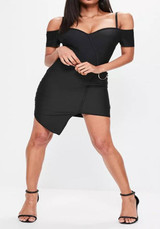 Casual Black Irregular Zipper Spaghetti Strap Boat Neck Off Shoulder Bodycon Mini Dress