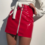 Casual Women's Fashion Leather Bodycon Skirt Round Ring Zipper PU Mini Skirt Dresses