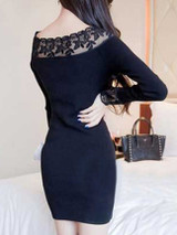Casual Boat Neck Hollow Out Plain Bodycon Dress
