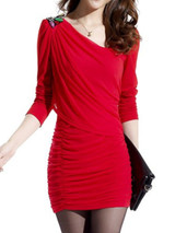 Casual Asymmetric Neck Plain Ruched Bodycon Dress