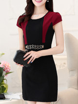 Casual Round Neck Decorative Hardware Color Block Bodycon Dress