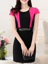 Casual Round Neck Decorative Hardware Color Block Bodycon Dress