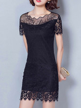 Casual Scallop Neck Hollow Out Plain Lace Bodycon Dress