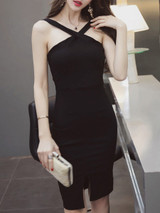 Casual V-Neck Slit Solid Bodycon Dress