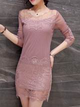 Casual Asymmetric Neck Decorative Lace Hollow Out Plain Bodycon Dress